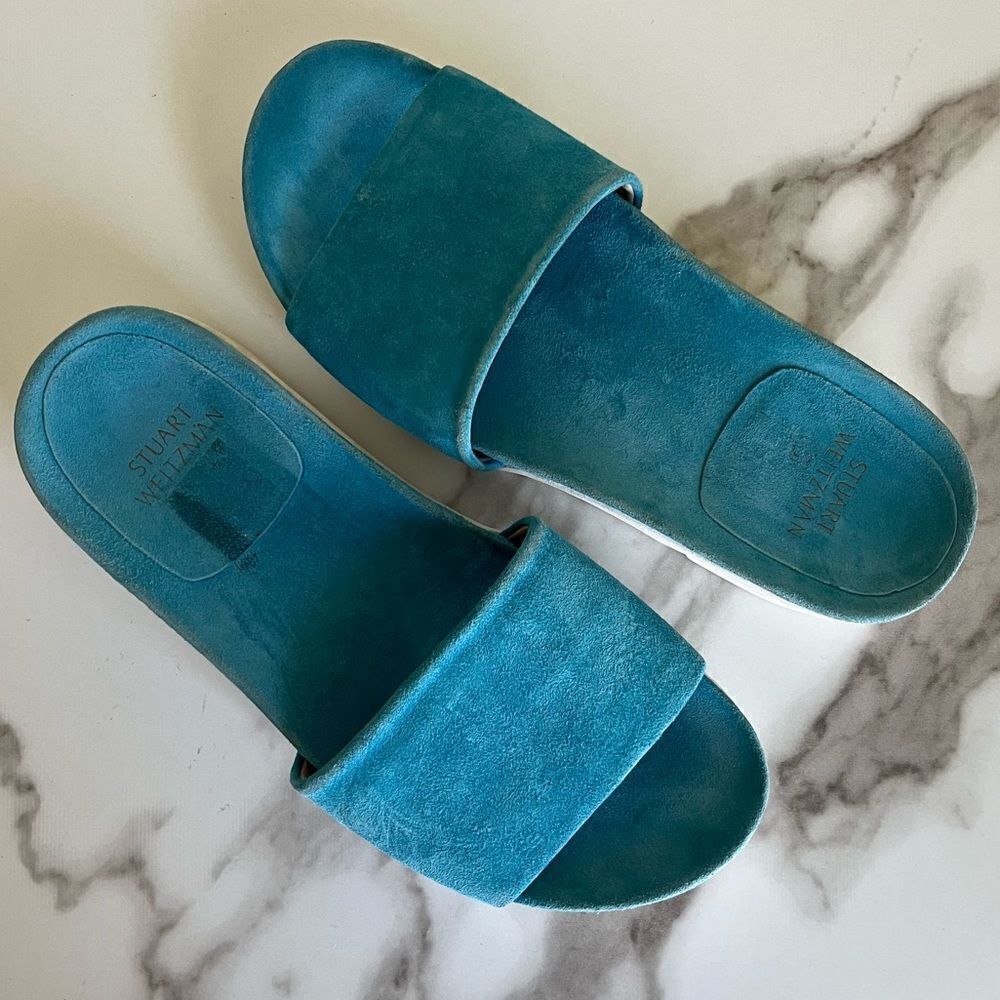 Stuart Weitzman Women Size 7 Blue Suede Platform Flip Flops Sandals Y2K Bratz